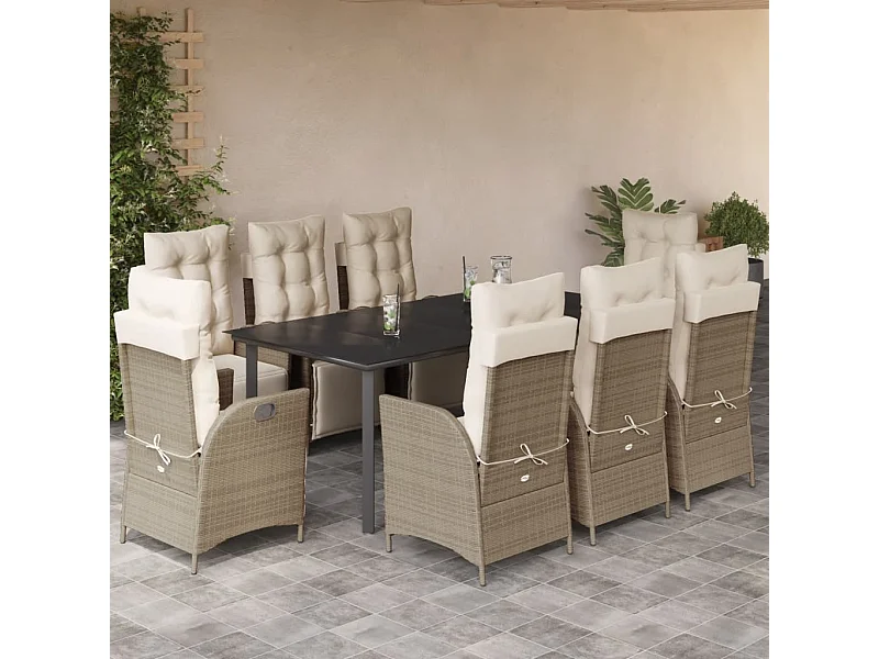 Ensemble à manger de jardin et coussins 9 pcs beige Poly rotin