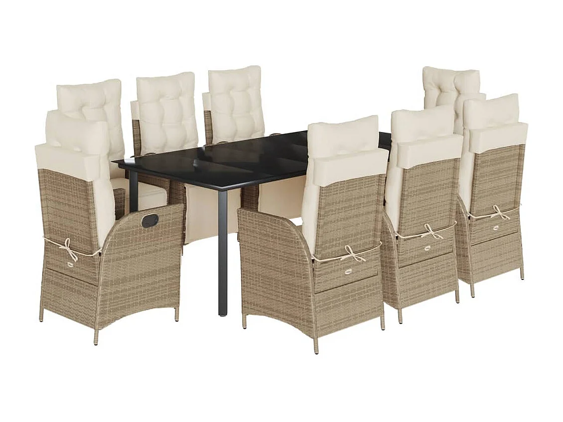 Ensemble à manger de jardin et coussins 9 pcs beige Poly rotin