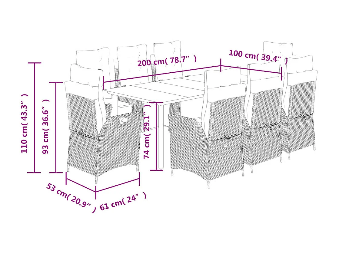 Ensemble à manger de jardin et coussins 9 pcs beige Poly rotin