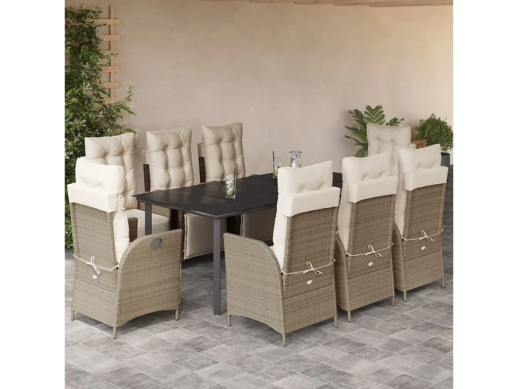 Ensemble à manger de jardin et coussins 9 pcs beige Poly rotin