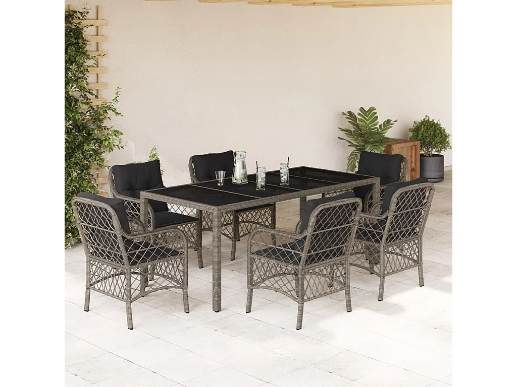 Ensemble à manger de jardin et coussins 7 pcs gris rotin