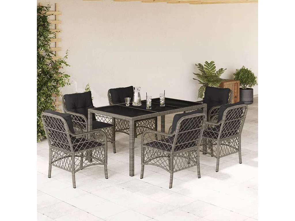 Ensemble à manger de jardin et coussins 7 pcs gris rotin