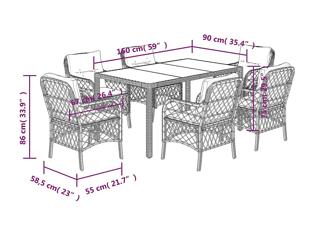 Ensemble à manger de jardin et coussins 7 pcs gris rotin