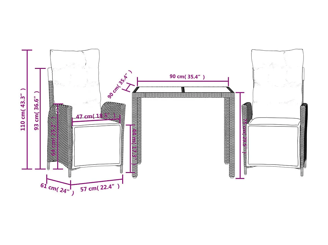 vidaXL Set comedor de jardín 3 pzas con cojines ratán sintético negro