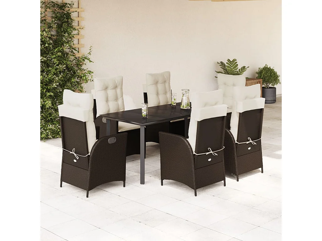 Ensemble à manger de jardin et coussins 7 pcs marron rotin