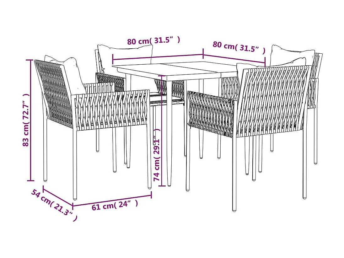Ensemble à manger de jardin 5 pcs coussins résine tressée acier