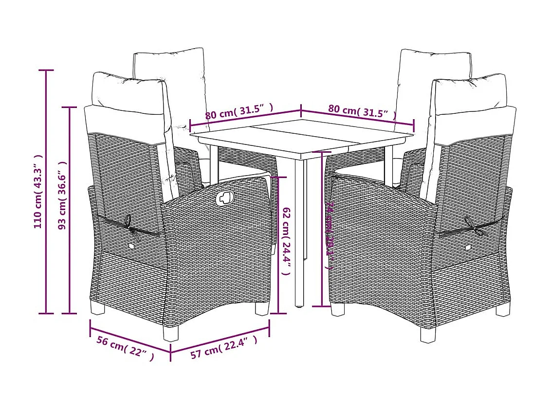 Ensemble à manger de jardin 5 pcs et coussins marron poly rotin