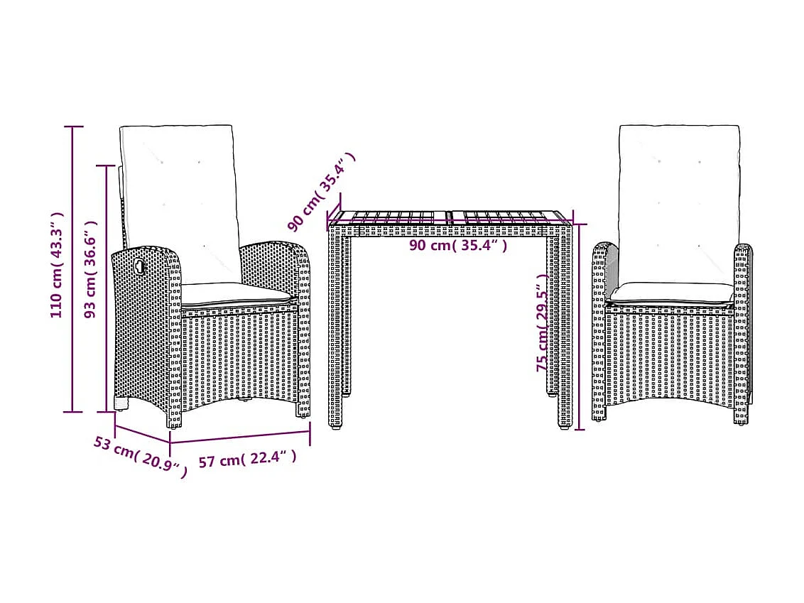 Ensemble à manger de jardin avec coussins 3 pcs Noir