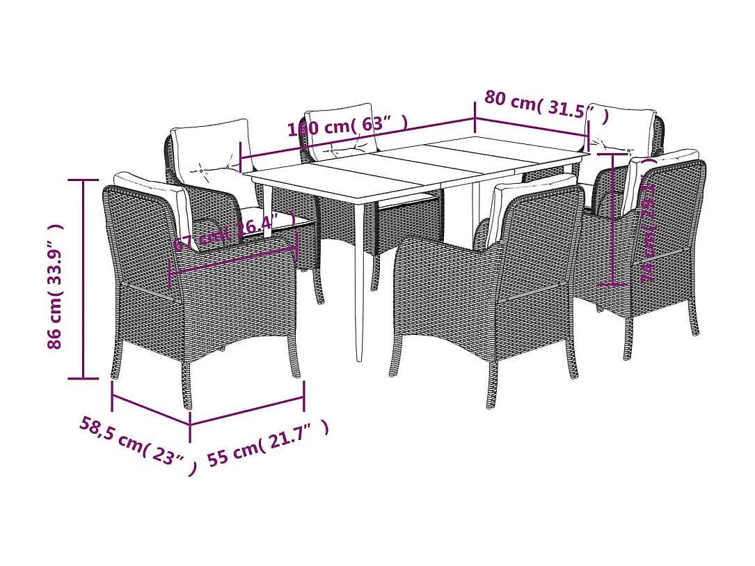 Ensemble à manger de jardin et coussins 7 pcs marron rotin