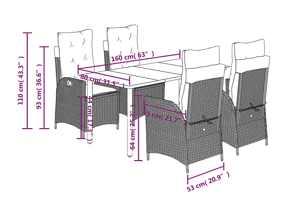 Ensemble à manger de jardin et coussins 5 pcs gris clair rotin
