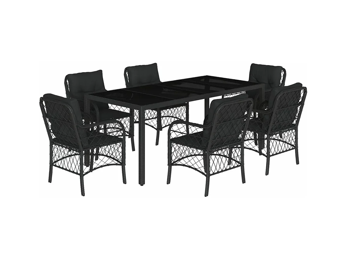 Ensemble à manger de jardin coussins 7pcs Noir Résine tressée