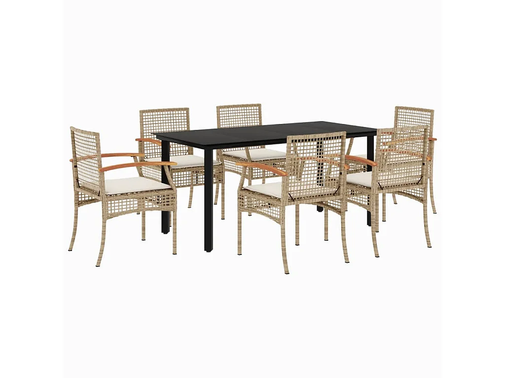 Ensemble à manger de jardin et coussins 7 pcs beige poly rotin