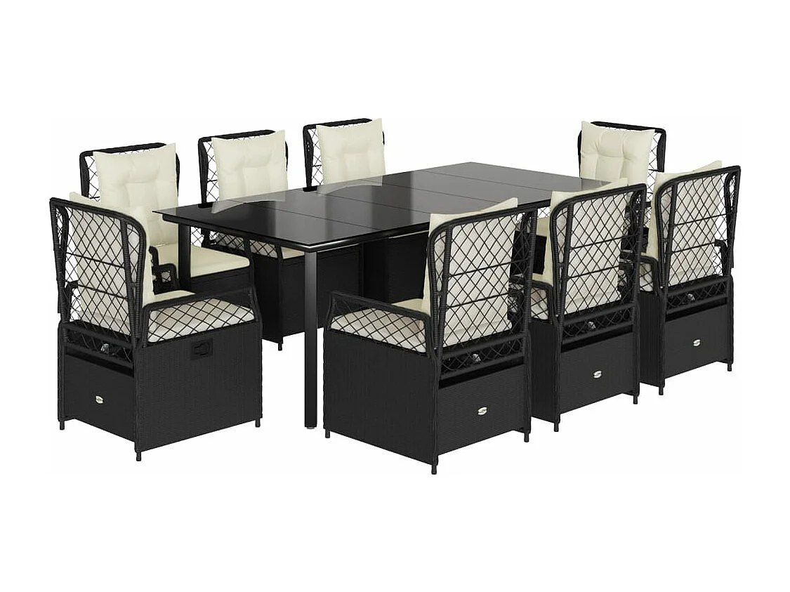 Ensemble à manger de jardin 9pcs coussins noir résine tressée