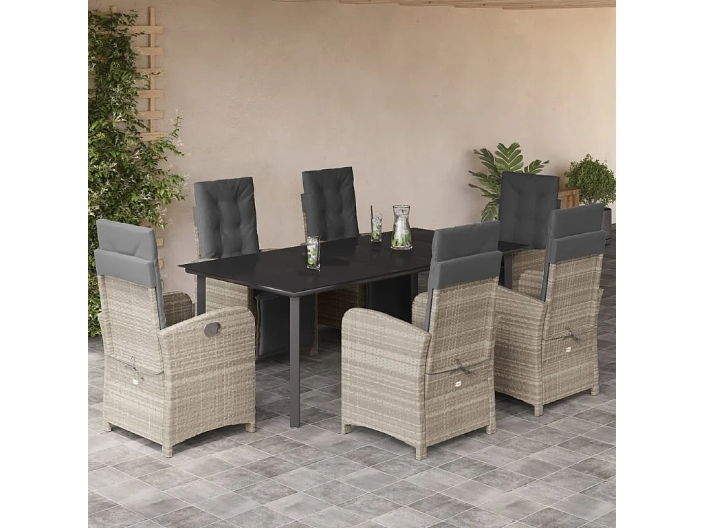 Ensemble à manger de jardin et coussins 7 pcs gris clair rotin