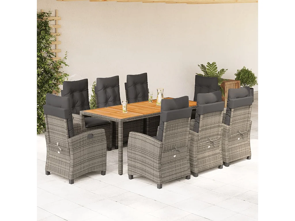 Ensemble à manger de jardin 9 pcs coussins gris résine tressée