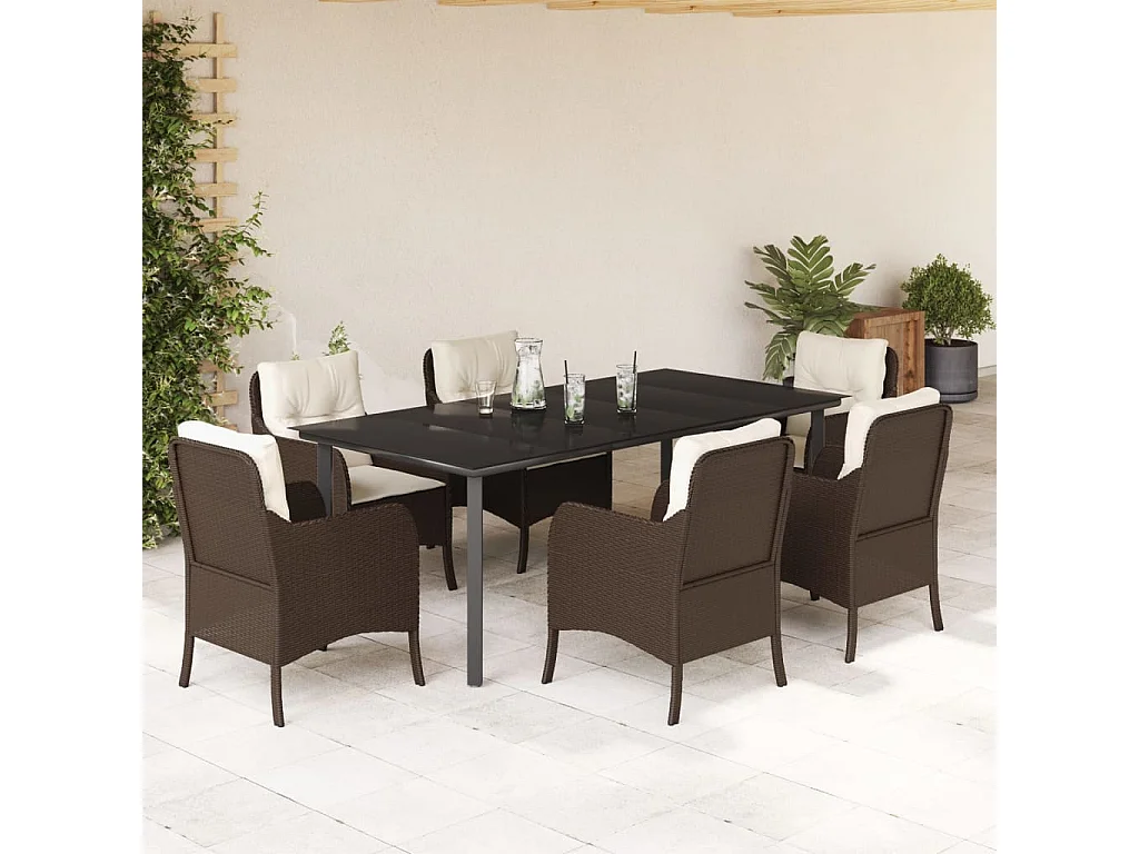 Ensemble à manger de jardin et coussins 7 pcs marron rotin