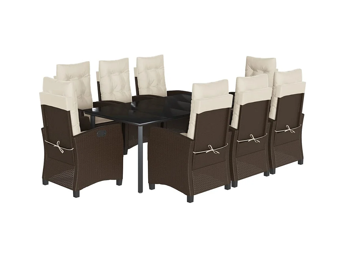 Ensemble à manger de jardin et coussins 9 pcs marron poly rotin