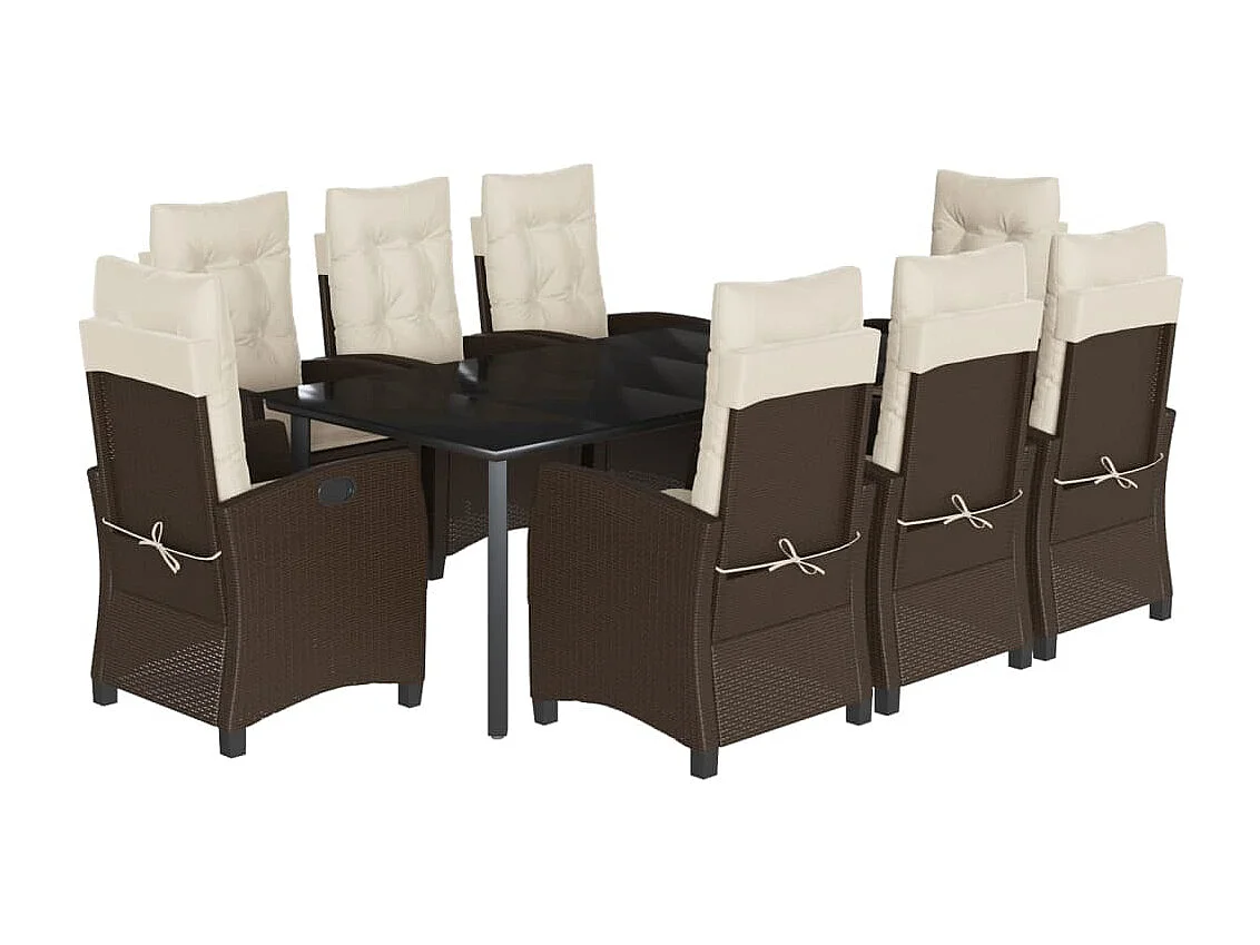 Ensemble à manger de jardin et coussins 9 pcs marron poly rotin