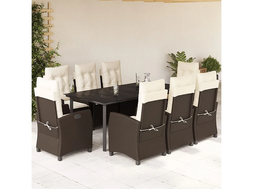 Ensemble à manger de jardin et coussins 9 pcs marron poly rotin