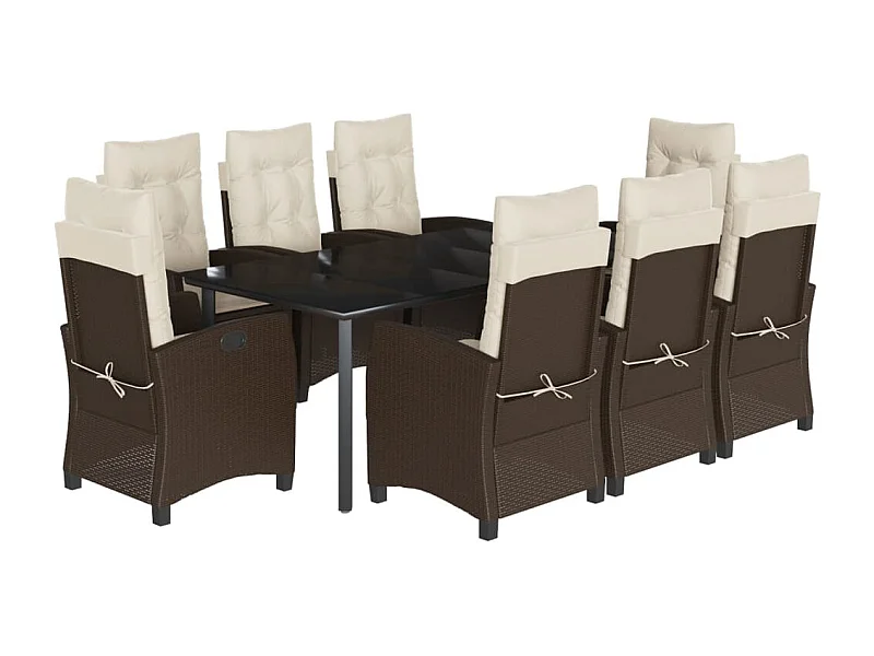 Ensemble à manger de jardin et coussins 9 pcs marron poly rotin