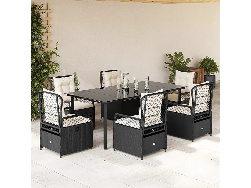 Ensemble à manger de jardin coussins 7pcs Noir Résine tressée