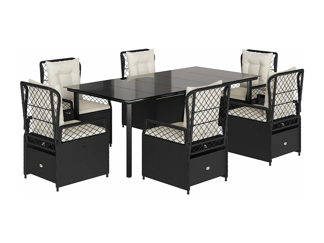 Ensemble à manger de jardin coussins 7pcs Noir Résine tressée