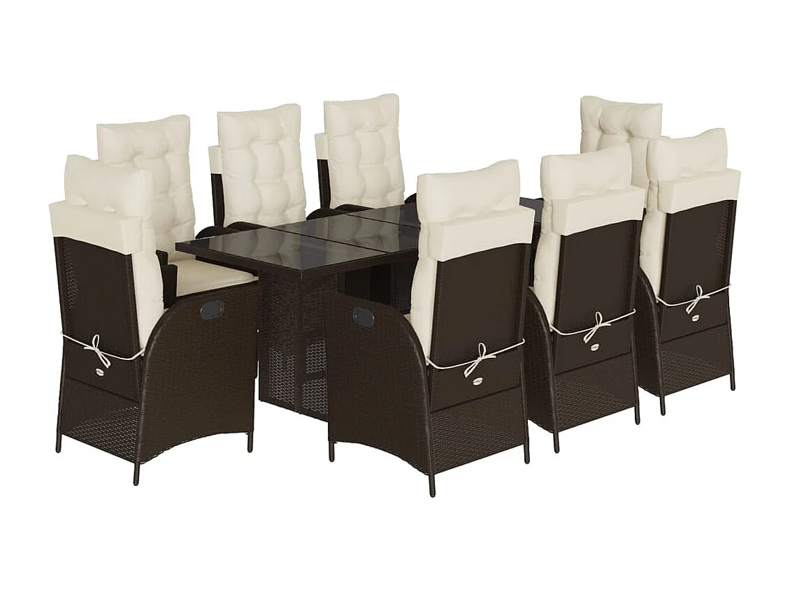 Ensemble à manger de jardin et coussins 9 pcs marron poly rotin