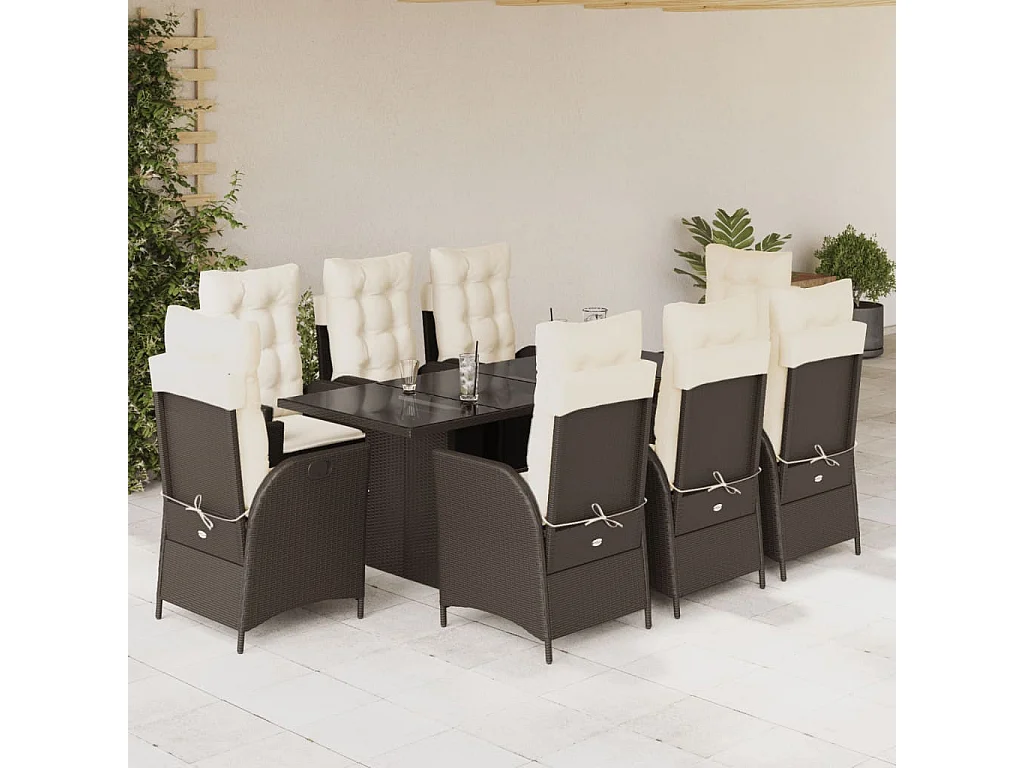Ensemble à manger de jardin et coussins 9 pcs marron poly rotin