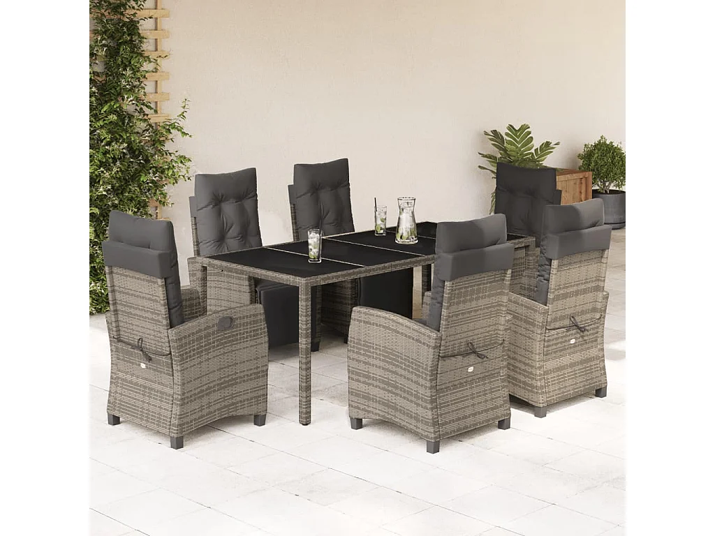 Ensemble à manger de jardin et coussins 7 pcs gris rotin
