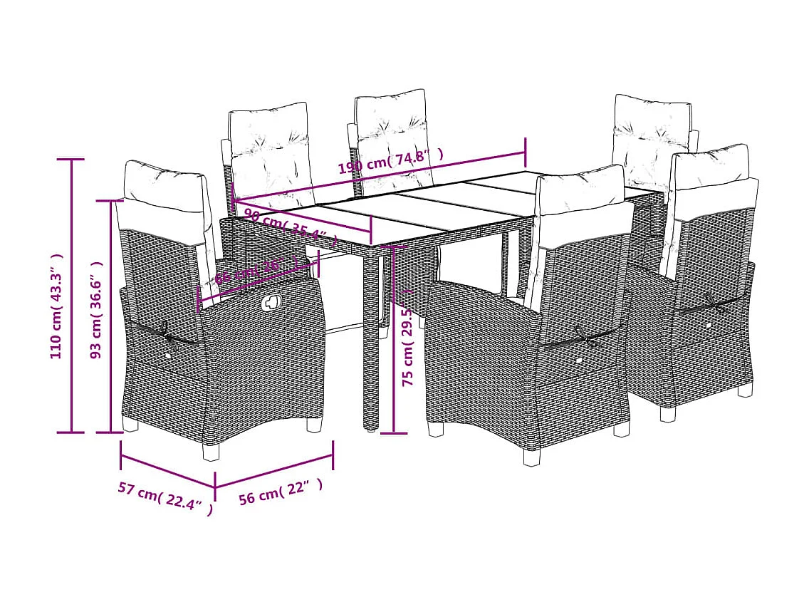 Ensemble à manger de jardin et coussins 7 pcs gris rotin