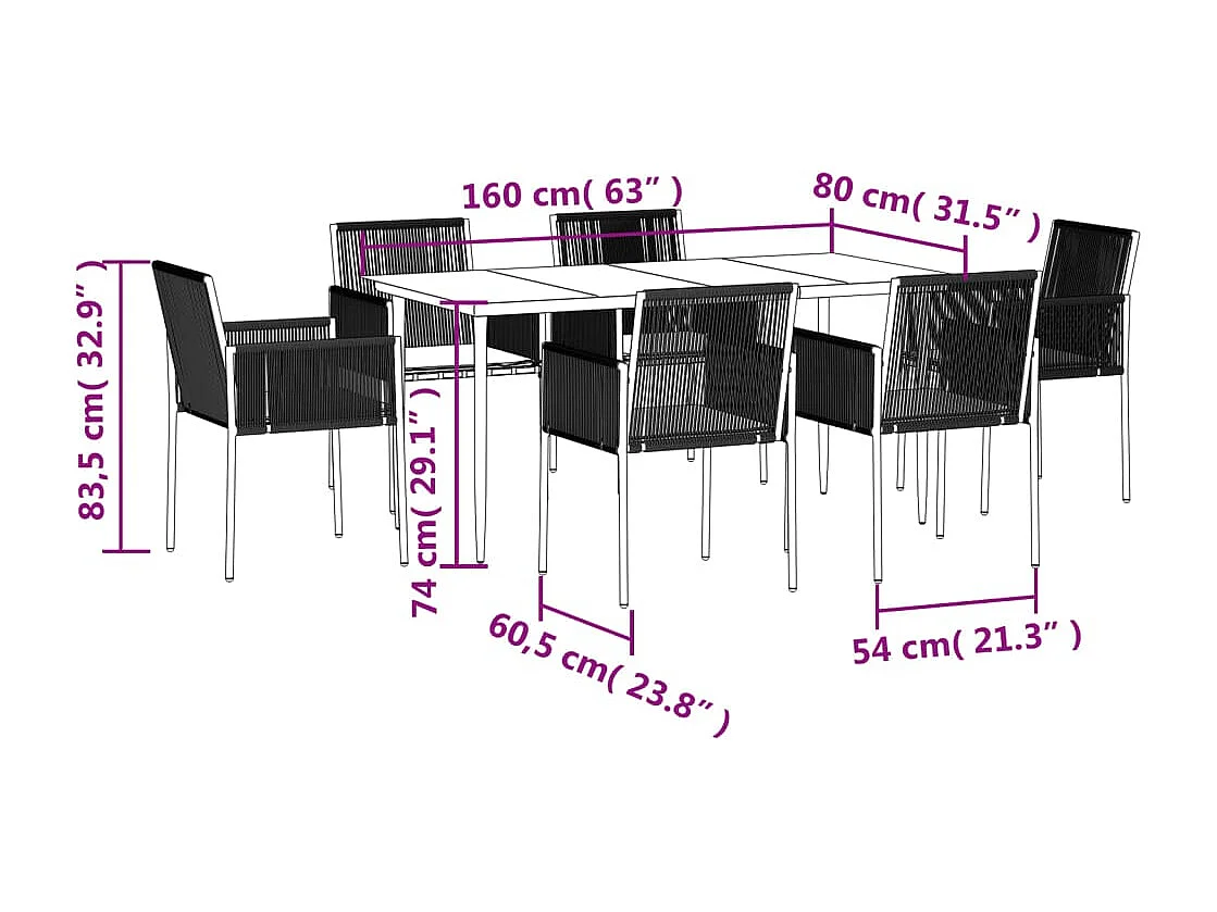 Ensemble à manger de jardin coussins 7 pcs noir rotin et acier