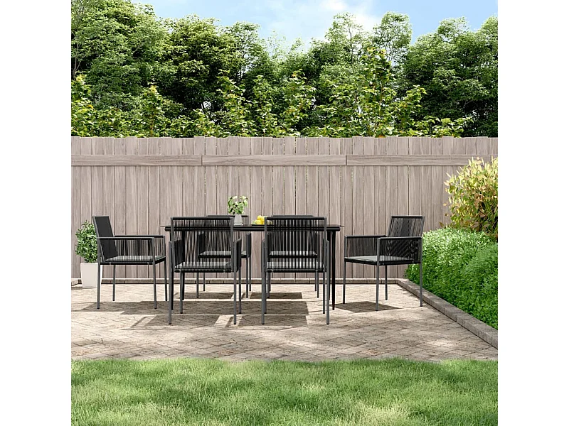 Ensemble à manger de jardin coussins 7 pcs noir rotin et acier