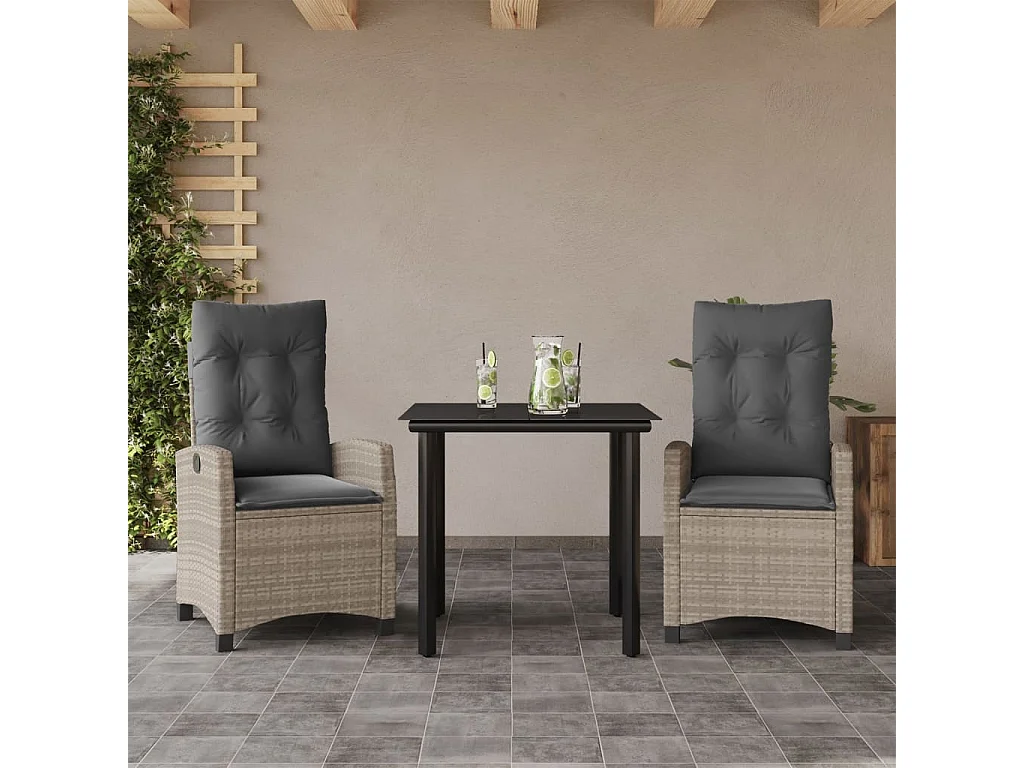 Ensemble à manger de jardin 3pcs coussins gris clair poly rotin