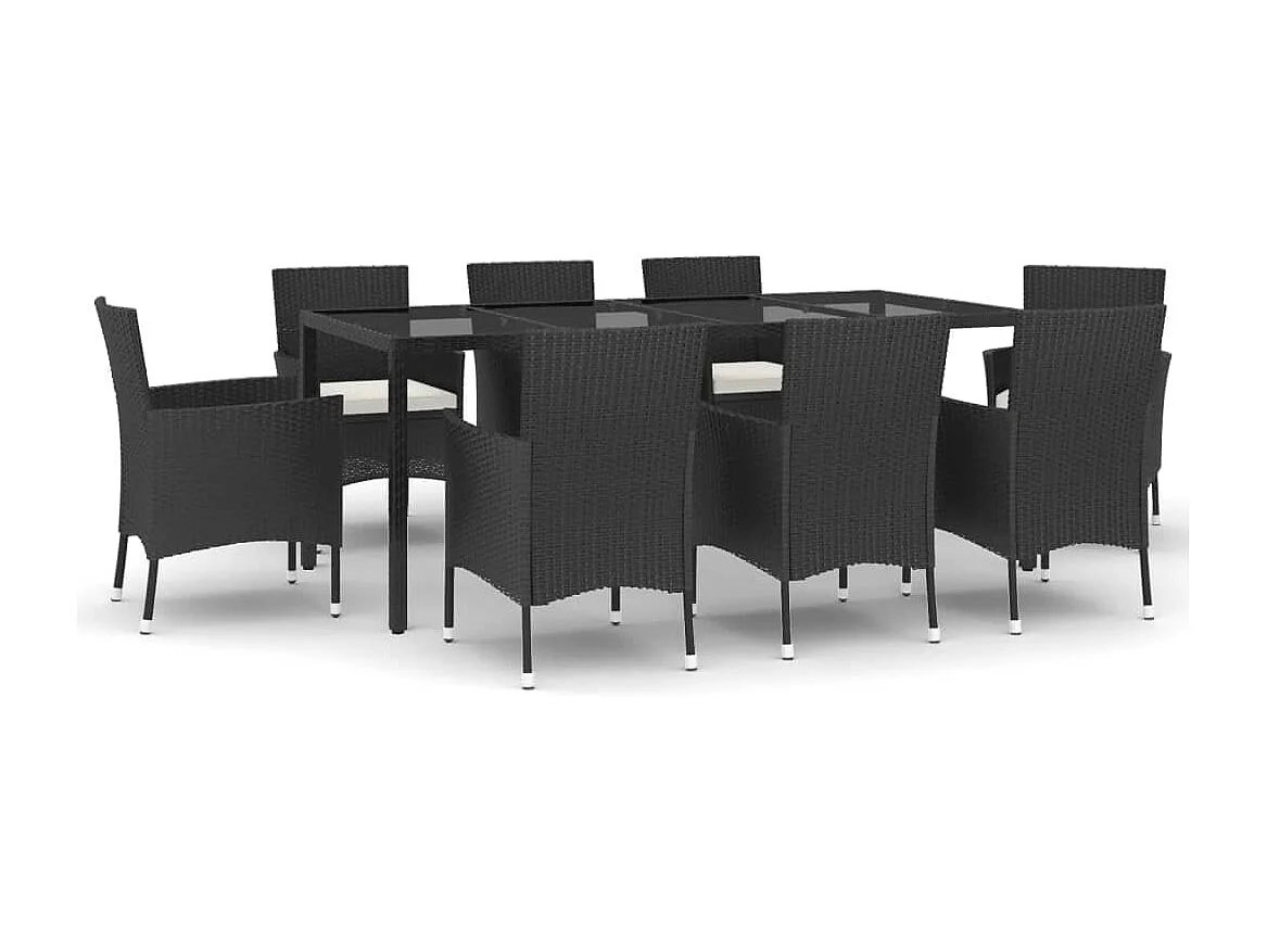 Ensemble à manger jardin 9pcs et coussins noir résine tressée