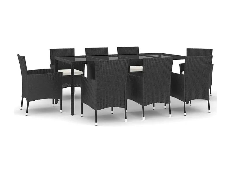 Ensemble à manger jardin 9pcs et coussins noir résine tressée