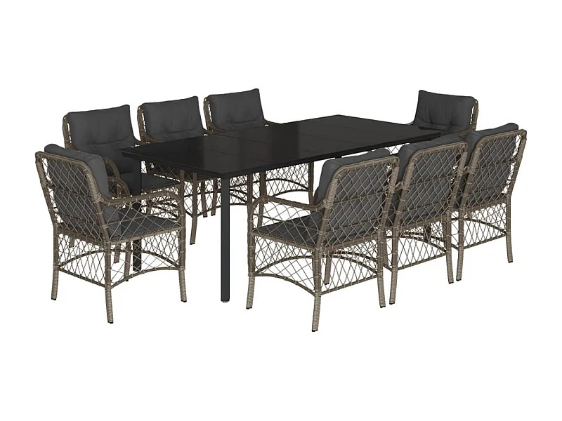 Ensemble à manger de jardin 9 pcs coussins gris résine tressée
