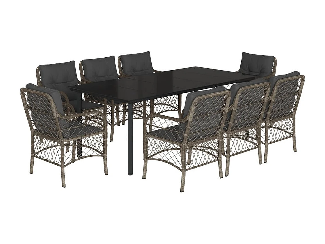 Ensemble à manger de jardin 9 pcs coussins gris résine tressée