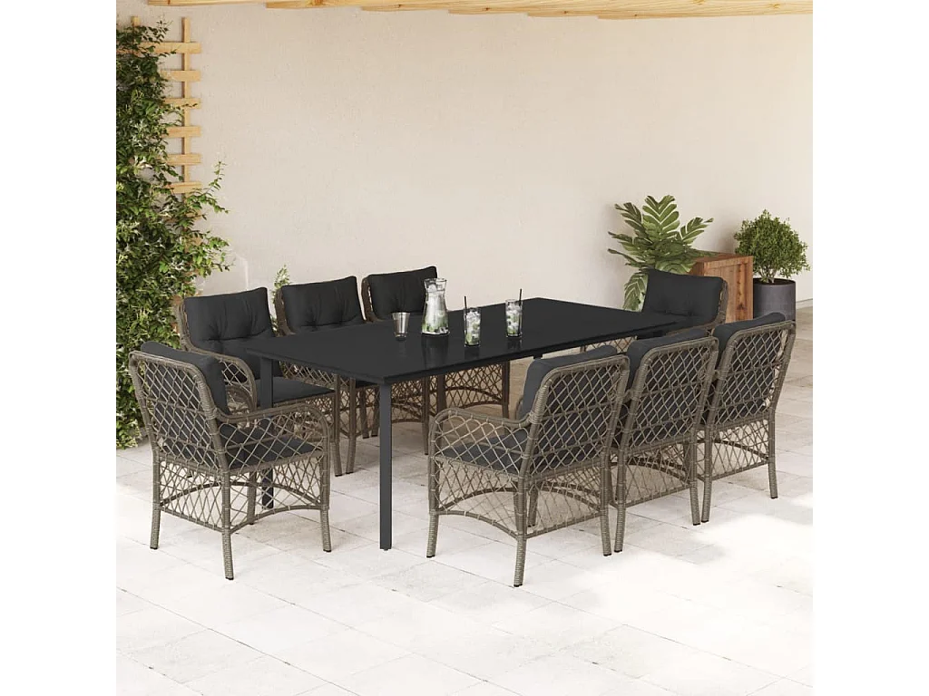 Ensemble à manger de jardin 9 pcs coussins gris résine tressée