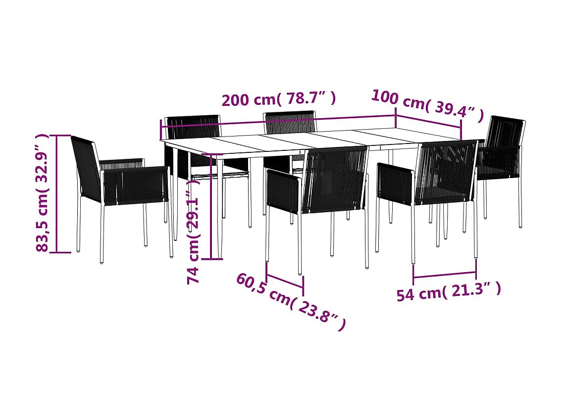 Ensemble à manger de jardin coussins 7 pcs noir rotin et acier