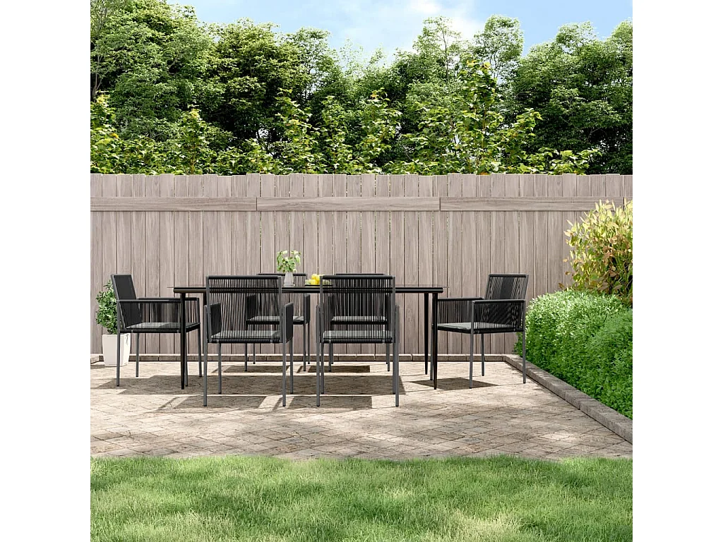Ensemble à manger de jardin coussins 7 pcs noir rotin et acier