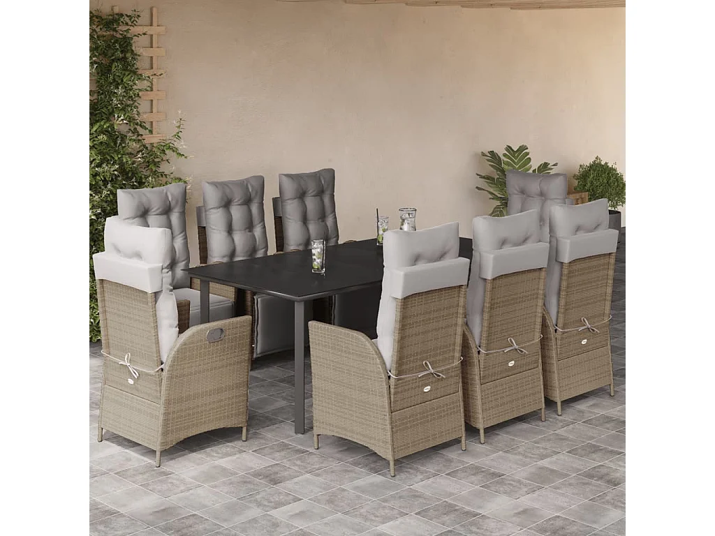 Ensemble à manger de jardin et coussins 9 pcs mélange beige