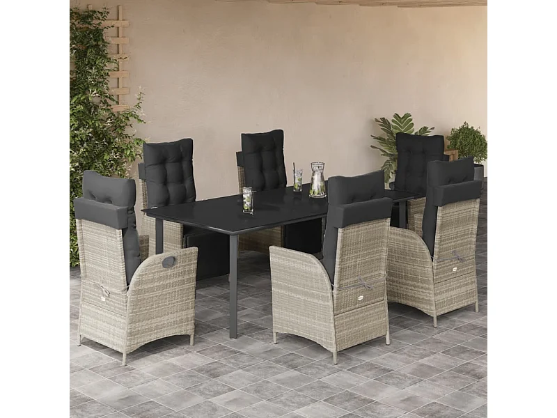 Ensemble à manger de jardin et coussins 7 pcs gris clair rotin