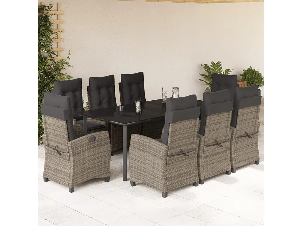 Ensemble à manger de jardin 9 pcs coussins gris résine tressée