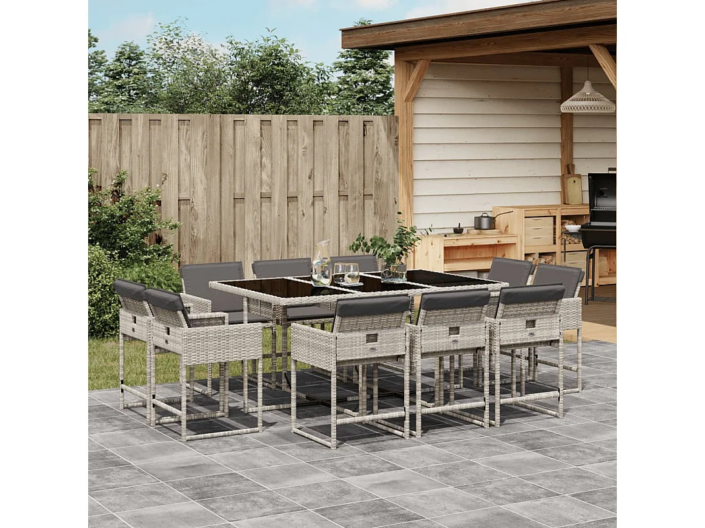 Ensemble à manger de jardin 11pcs avec coussins gris poly rotin