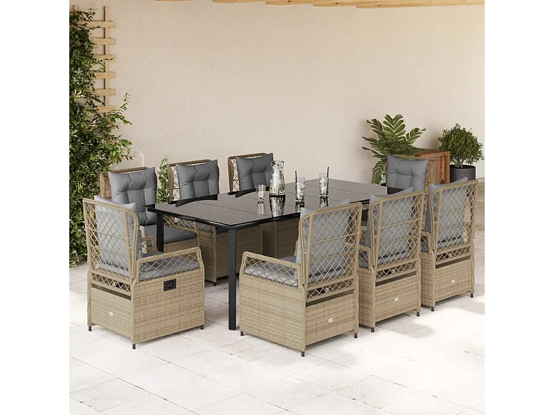 Ensemble à manger de jardin et coussins 9 pcs beige Poly rotin