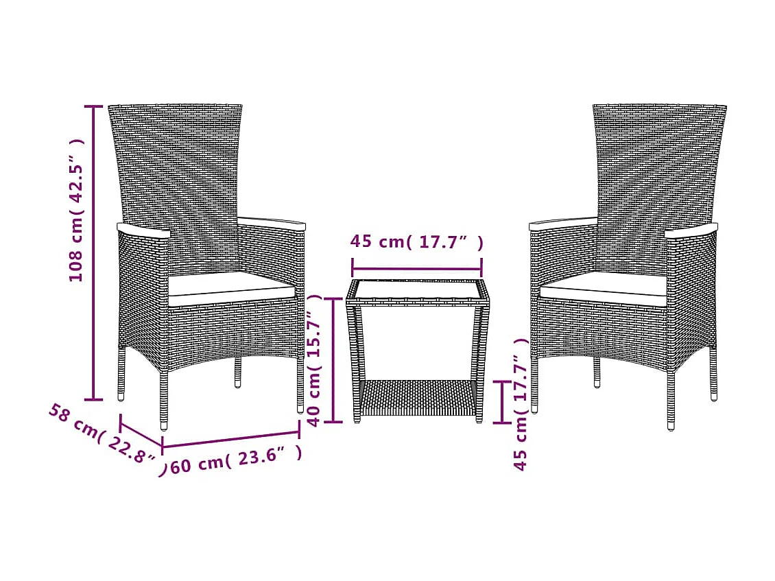 Ensemble à manger de jardin 3 pcs coussins gris résine tressée