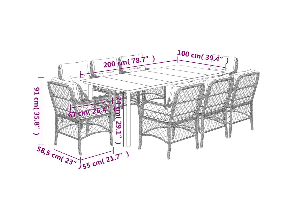 Ensemble à manger de jardin 9pcs coussins noir résine tressée