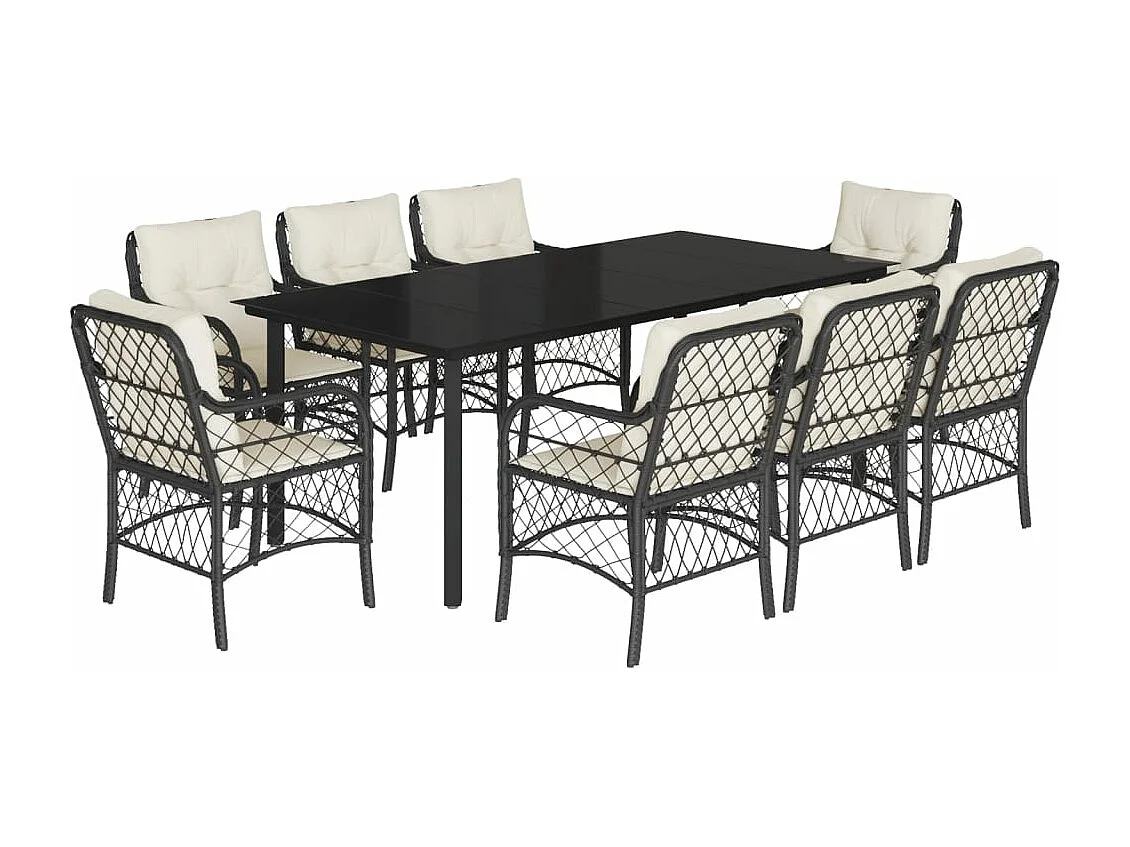 Ensemble à manger de jardin 9pcs coussins noir résine tressée