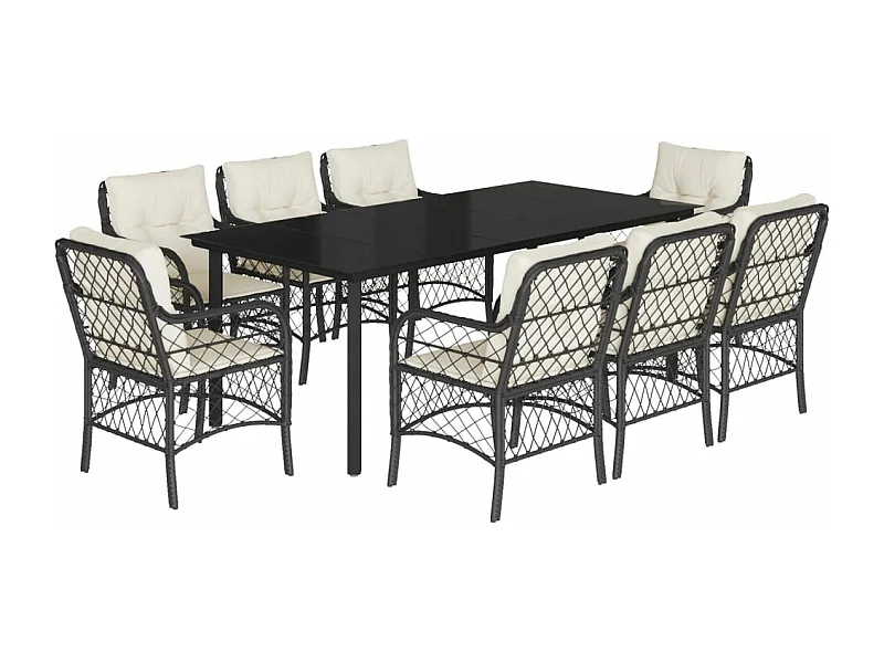 Ensemble à manger de jardin 9pcs coussins noir résine tressée