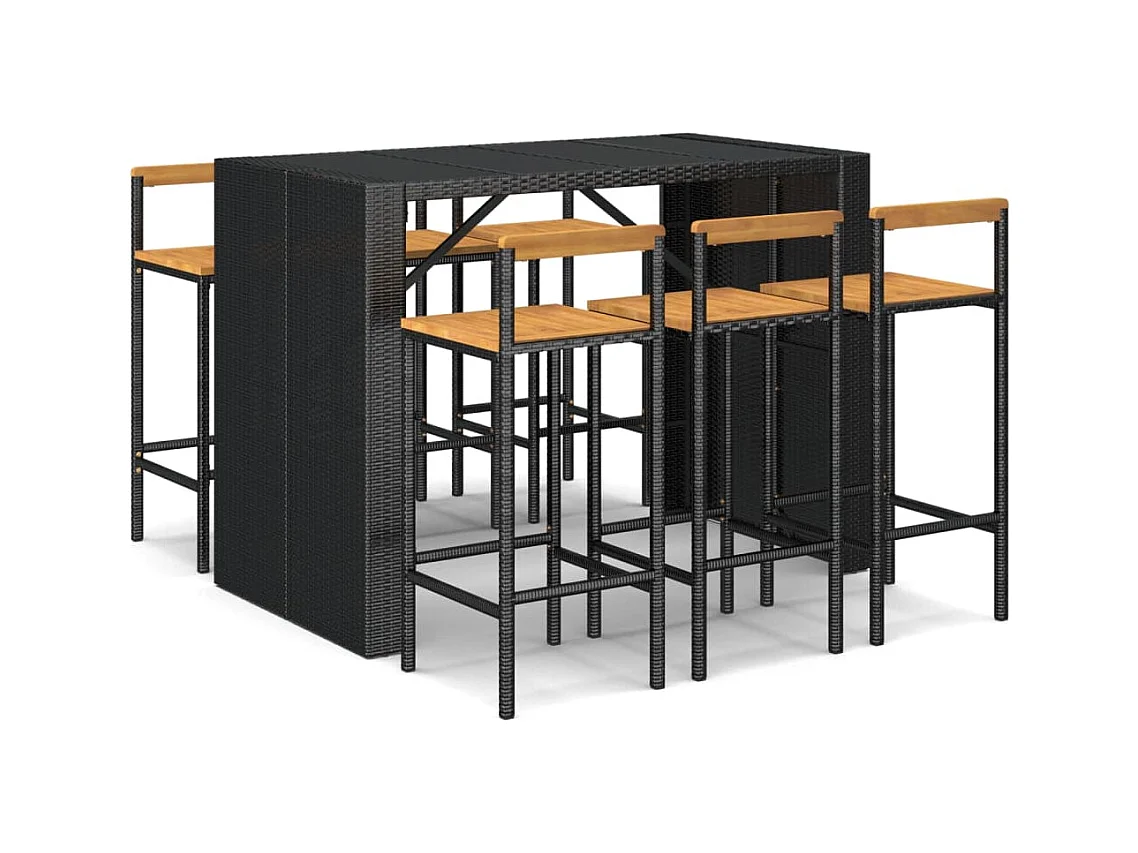 Ensemble de bar jardin 7 pcs noir poly rotin-bois massif acacia
